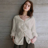 Maddie | Women Shirt With Linen Collarless V Neck