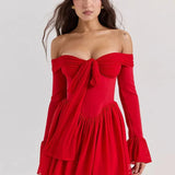 Scarlet | Women's Off-Shoulder Pleated Midi Dress with Flared Sleeves