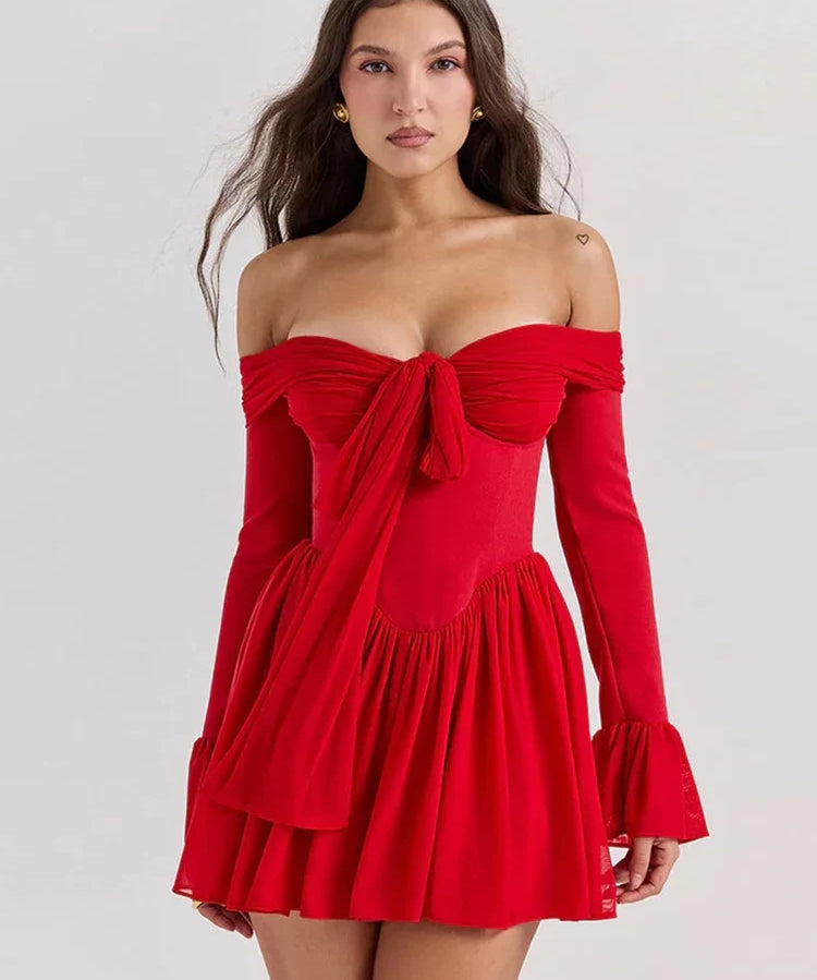 Scarlet | Women's Off-Shoulder Pleated Midi Dress with Flared Sleeves