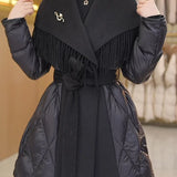 Juliette | Women's Mid-Length Duck Down Coat with Wool Fringe Lapel and Belted Waist