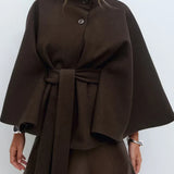 Novara | Women's Wool Blend Cape Coat with Stand Collar and Belted Waist