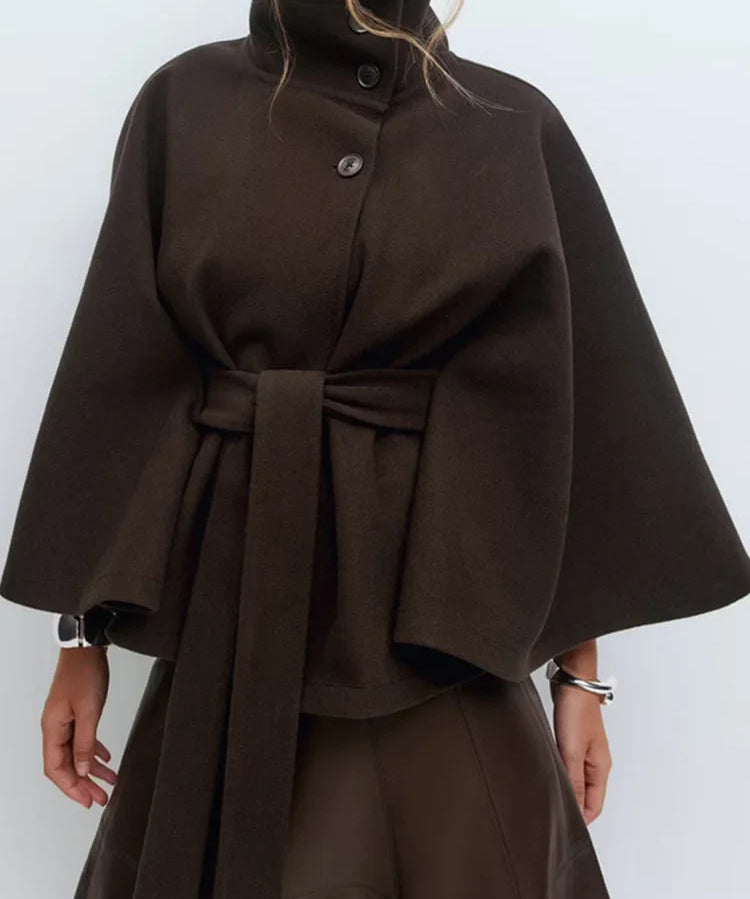 Novara | Women's Wool Blend Cape Coat with Stand Collar and Belted Waist