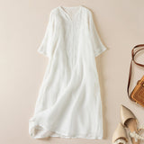 Vivica | Women's Embroidered Cotton Linen Midi Dress with V-Neck