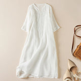Vivica | Women's Embroidered Cotton Linen Midi Dress with V-Neck