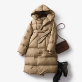 Casey | Women's Long Duck Down Puffer Coat with Belted Waist and Hood