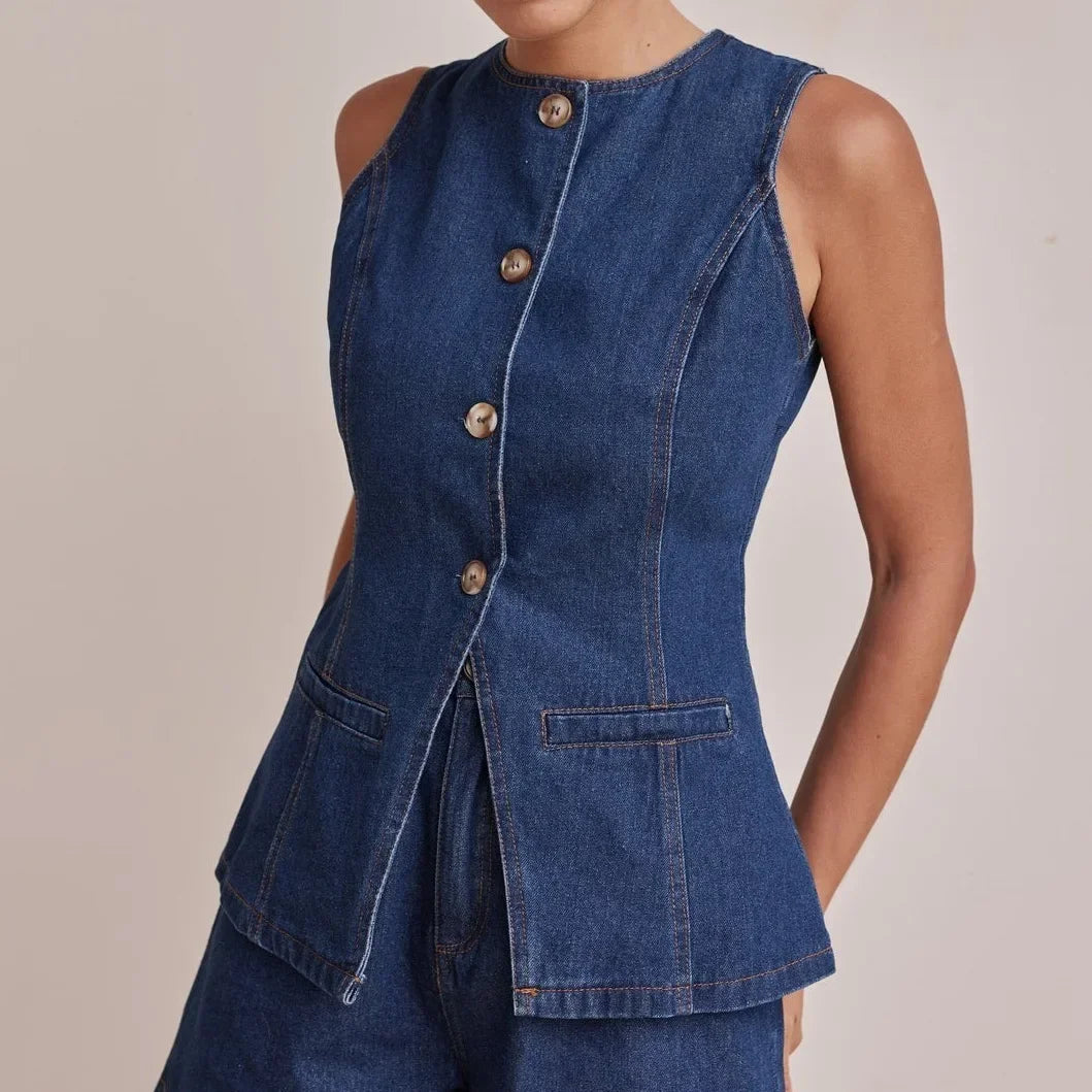 Reagan | Women's Denim Set with Vest and Wide Shorts