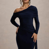 Evangeline | Women's One-Shoulder Ruched Midi Gown with Slim Fit