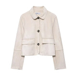Tatiana | Women's Cropped Faux-Suede Jacket with Lapel and Oversized Buttons