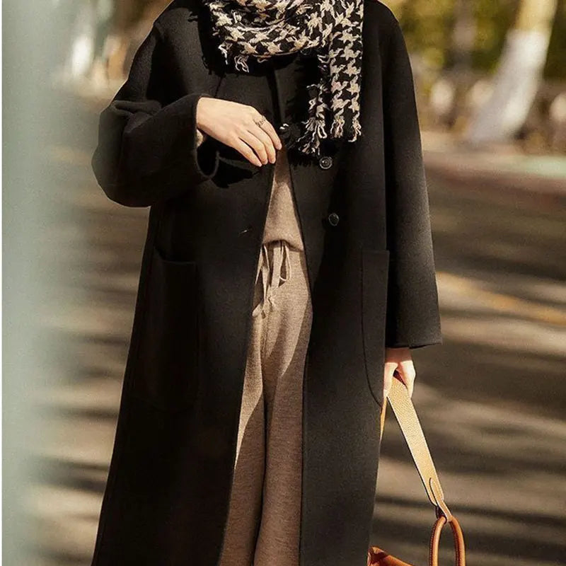 Rowan | Women's Wool Blend Long Overcoat with Polo Collar and Oversized Pockets