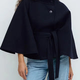 Novara | Women's Wool Blend Cape Coat with Stand Collar and Belted Waist