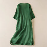 Vivica | Women's Embroidered Cotton Linen Midi Dress with V-Neck