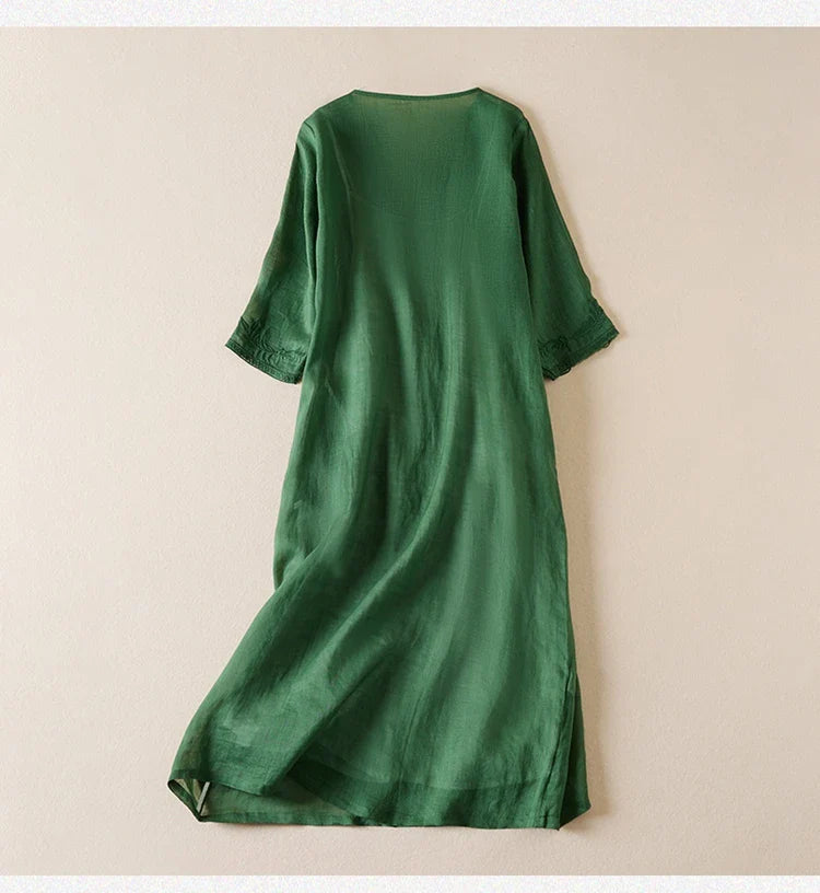 Vivica | Women's Embroidered Cotton Linen Midi Dress with V-Neck