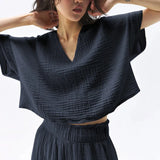 Eden | Women Top With Cotton Gauze V Neck