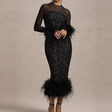 Celeste | Women's Sequin Mesh Maxi Dress with Feather Detail