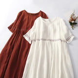 Esther | Women's Cotton Linen Midi Dress with Embroidery Detail