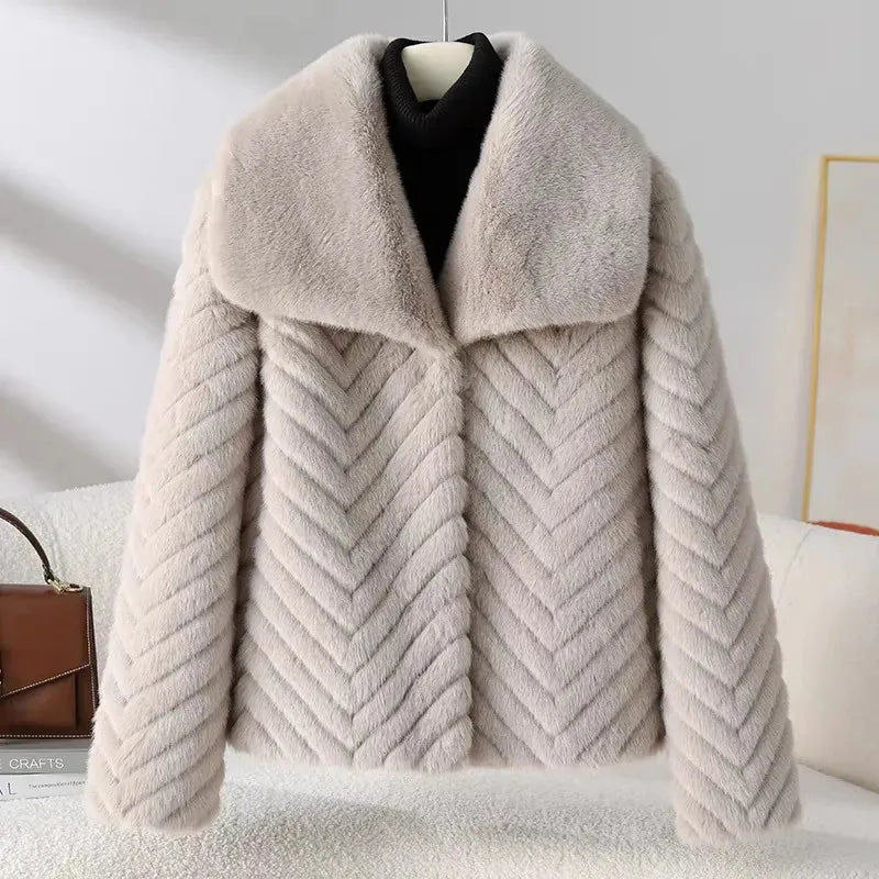 Liana | Women's Short Faux Mink Coat with Chevron Texture and Wide Lapel