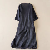 Vivica | Women's Embroidered Cotton Linen Midi Dress with V-Neck