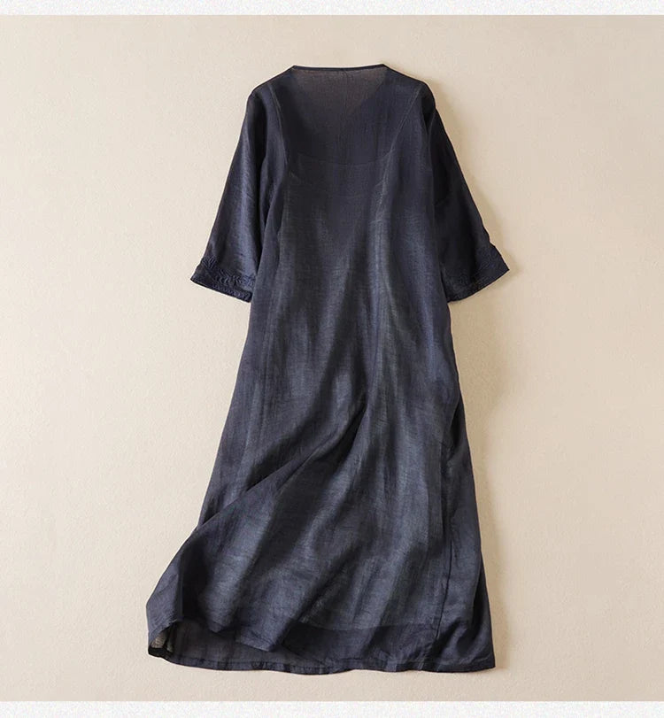 Vivica | Women's Embroidered Cotton Linen Midi Dress with V-Neck