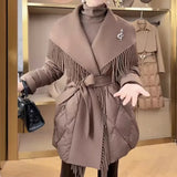 Juliette | Women's Mid-Length Duck Down Coat with Wool Fringe Lapel and Belted Waist