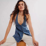 Alenza | Women's Denim Halter Vest with Snap Front Closure