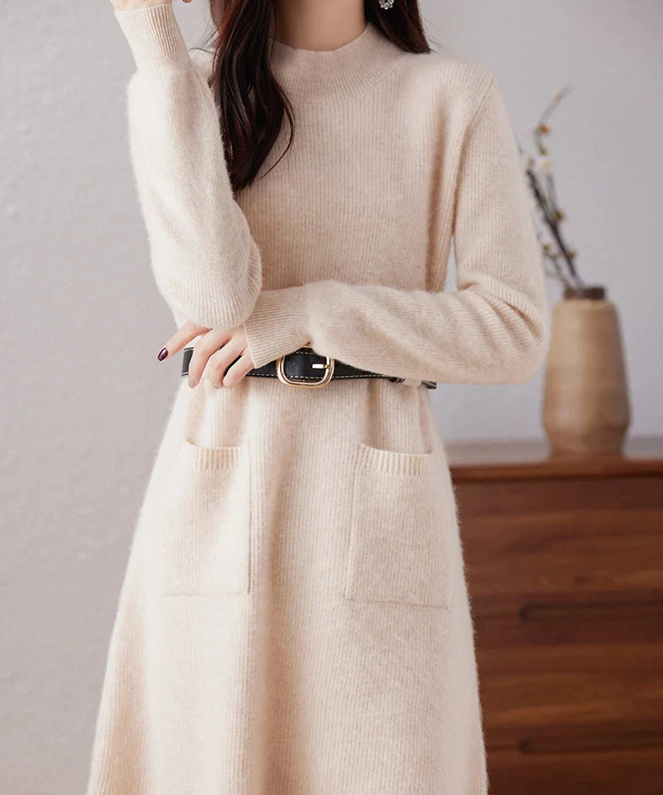Edith | Women's Wool Cashmere Knit Dress with Half-Turtleneck and Pockets