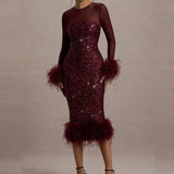Celeste | Women's Sequin Mesh Maxi Dress with Feather Detail