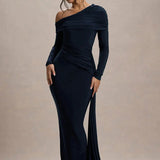 Evangeline | Women's One-Shoulder Ruched Midi Gown with Slim Fit