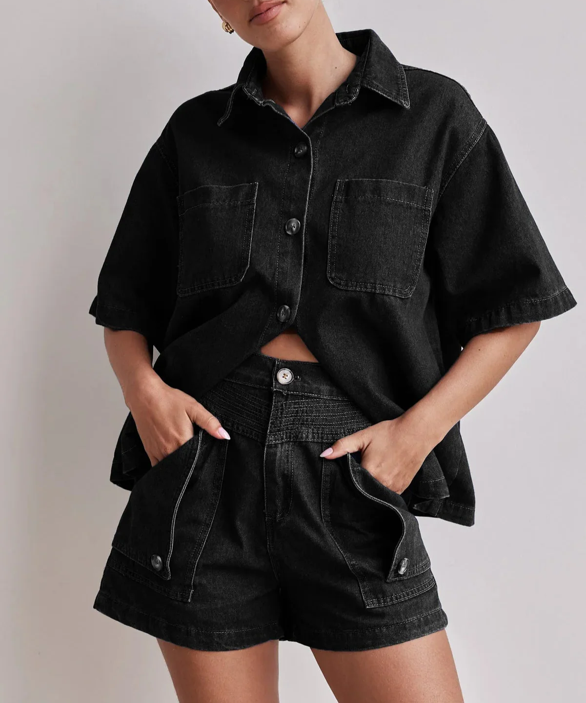 Rowan | Women's Denim Two Piece Set Cargo Shorts