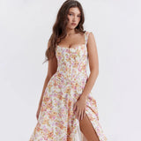 Ruth | Women's Floral Midi Dress with Corset Bodice and High Slit