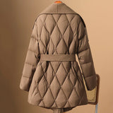 Juliette | Women's Mid-Length Duck Down Coat with Wool Fringe Lapel and Belted Waist