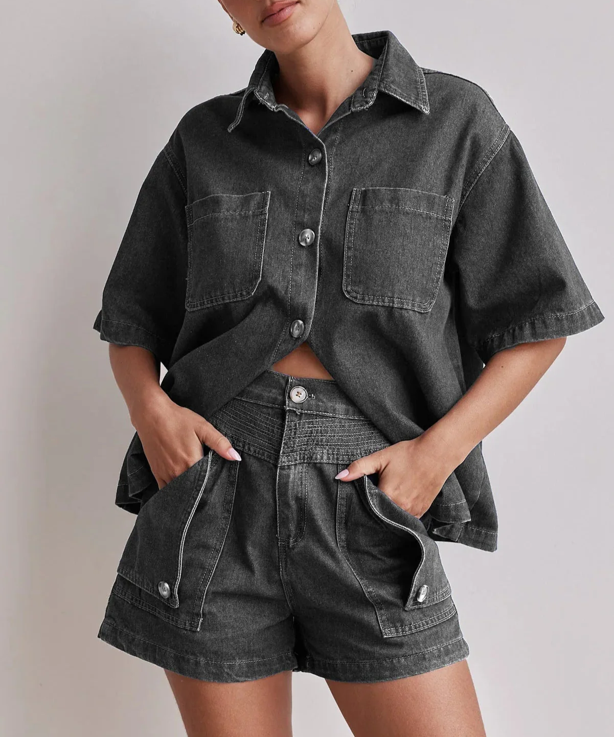 Rowan | Women's Denim Two Piece Set Cargo Shorts
