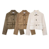 Tatiana | Women's Cropped Faux-Suede Jacket with Lapel and Oversized Buttons