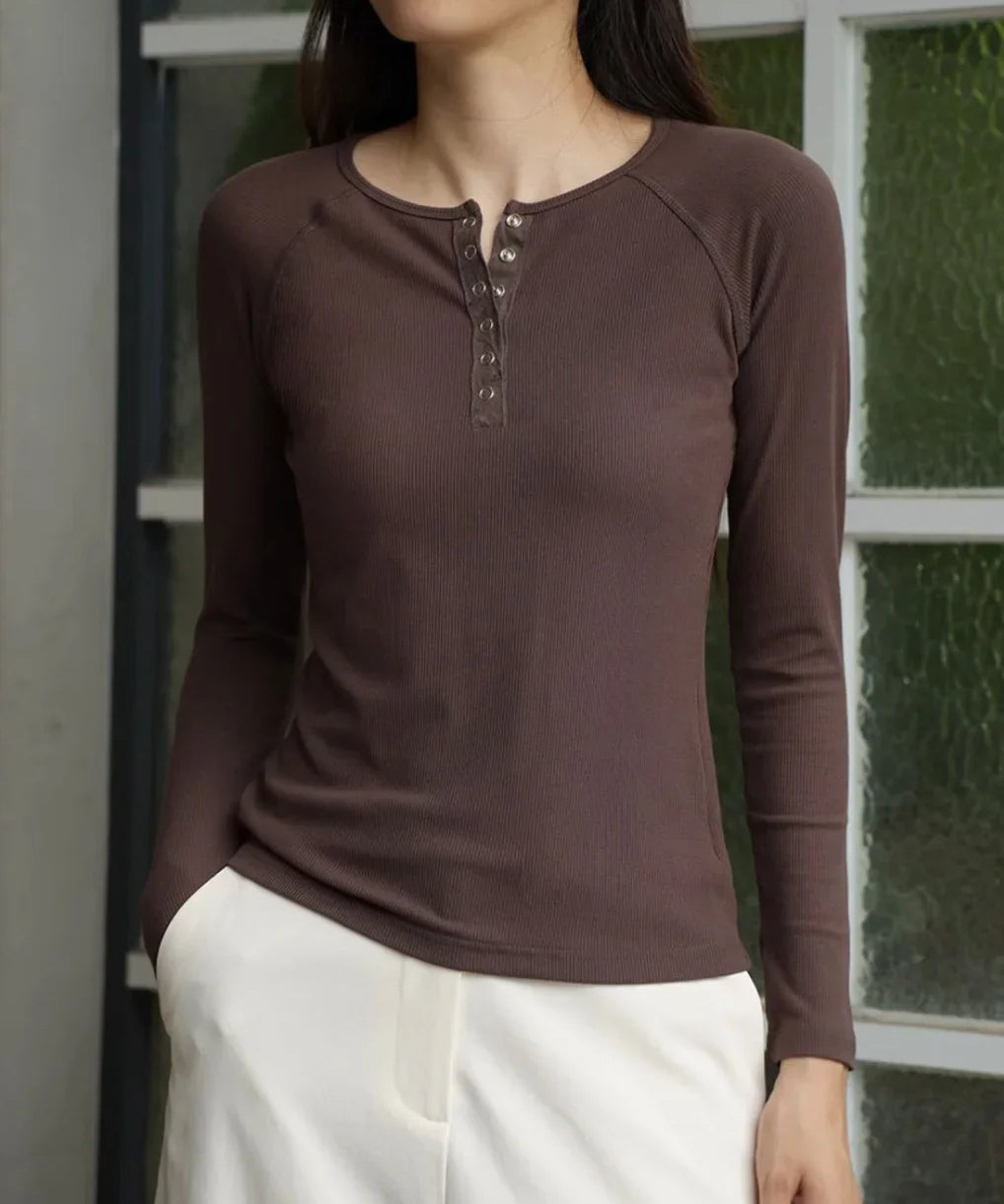 Francesca | Women Top With Ribbed Henley Design
