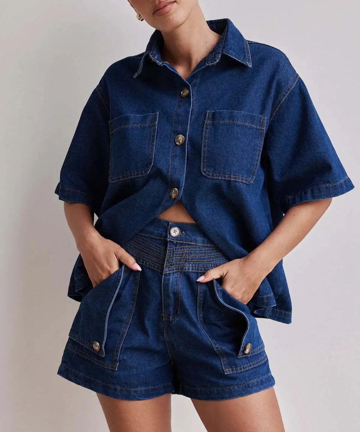 Rowan | Women's Denim Two Piece Set Cargo Shorts