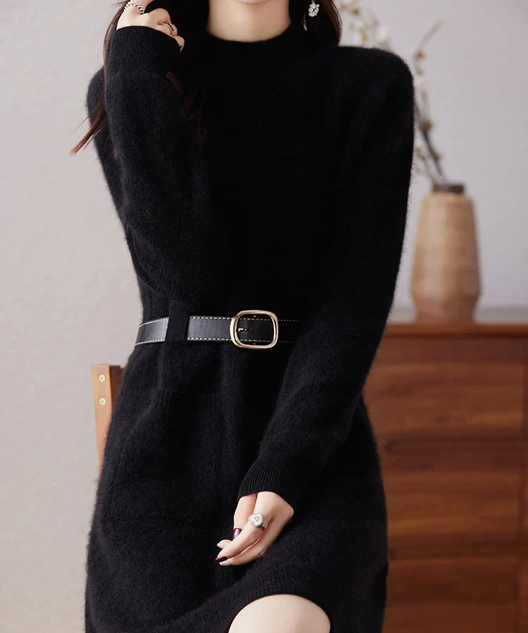 Edith | Women's Wool Cashmere Knit Dress with Half-Turtleneck and Pockets