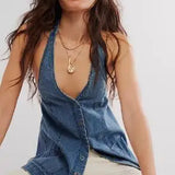 Alenza | Women's Denim Halter Vest with Snap Front Closure