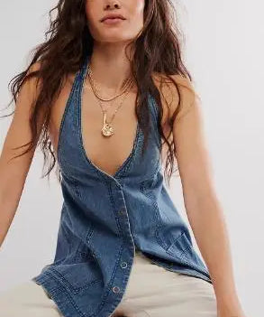 Alenza | Women's Denim Halter Vest with Snap Front Closure