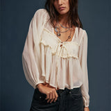 Aria | Women Blouse With Smocked Ribbon Tie
