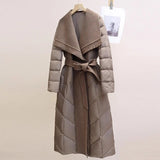 Margaux | Women's Long Quilted Duck Down Coat with Wool Shawl Collar and Tie Waist