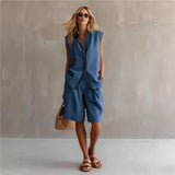 Adeline | Women's Linen Two Piece Set Button Shorts