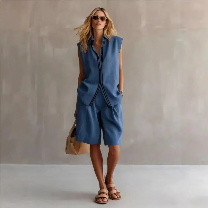 Adeline | Women's Linen Two Piece Set Button Shorts