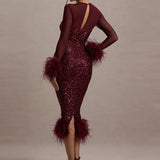Celeste | Women's Sequin Mesh Maxi Dress with Feather Detail