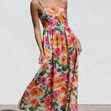 Isadora | Women's Floral High Waist Open Back Suspender Dress