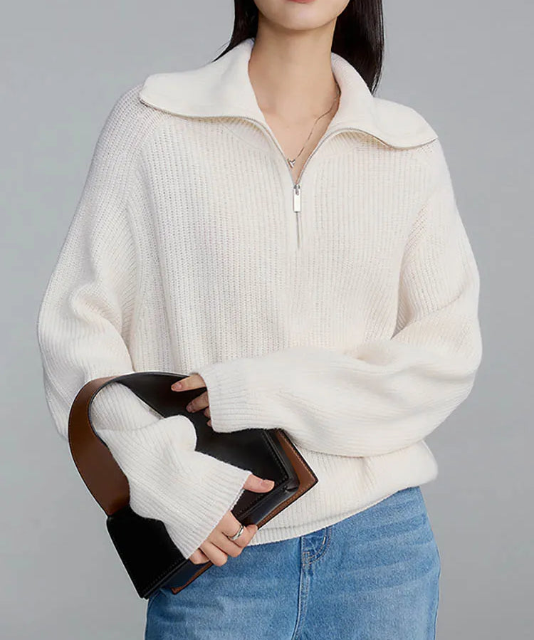 Skylar | Women's Cotton Pullover with Wide Collar and Chest Zipper Detail