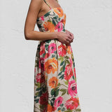 Isadora | Women's Floral High Waist Open Back Suspender Dress