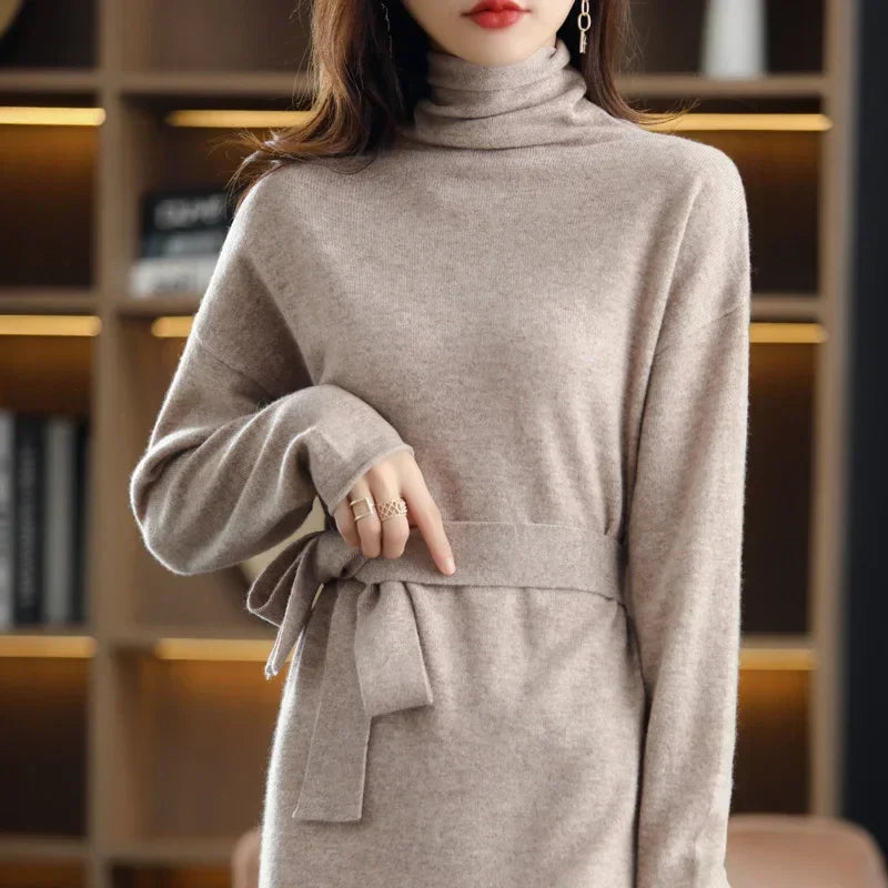 Isabella | Women's Wool Sweater Dress with High Neck and Waist Tie