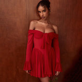 Scarlet | Women's Off-Shoulder Pleated Midi Dress with Flared Sleeves