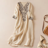 Vivica | Women's Embroidered Cotton Linen Midi Dress with V-Neck
