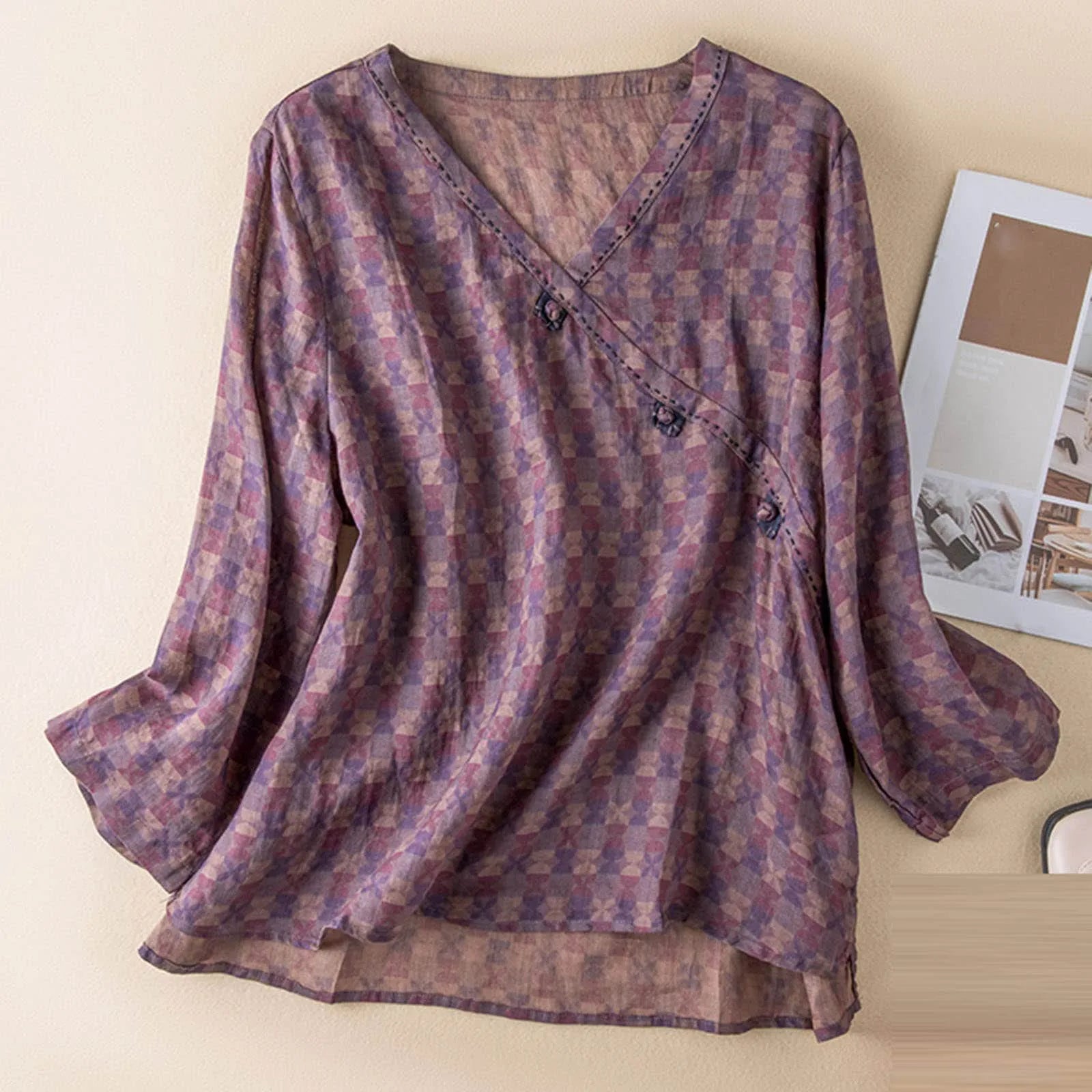 Kaien | Women Blouse with Linen and Wrap Style Relaxed Sleeve