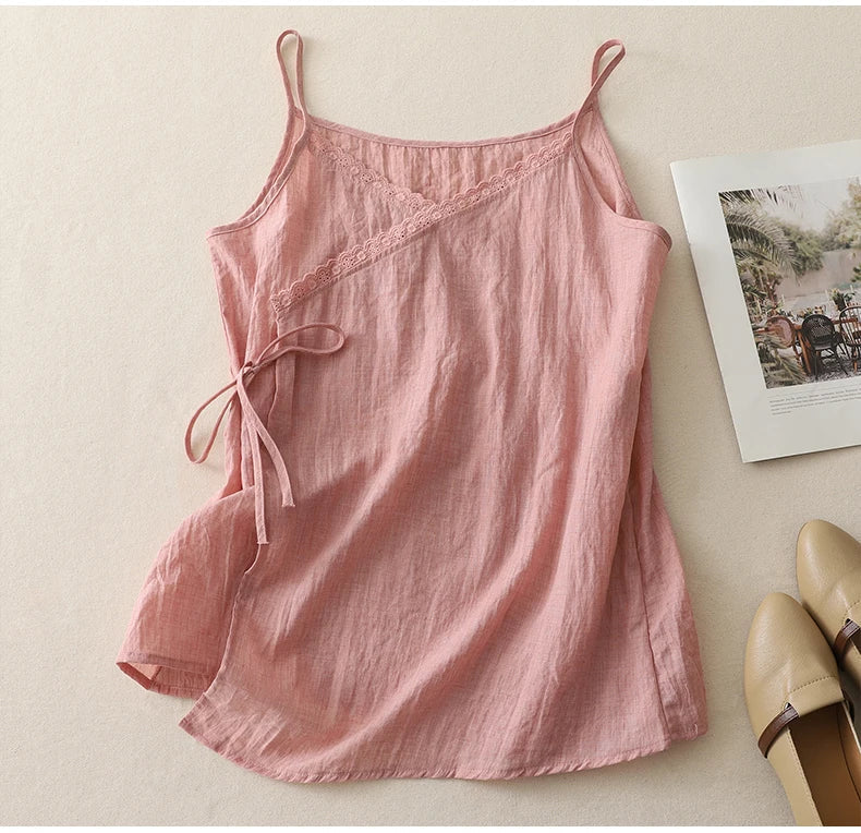 Audrey | Women's Lace Up Cotton Linen Camisole Tank Top